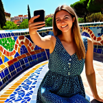 **

A vibrant scene in Barcelona's Park Güell. A stylish woman in a flowing, patterned dress (think Desigual style) and comfortable sandals smiles as she takes a selfie with Gaudí's mosaic benches in the background. The sun is shining, casting a warm glow on the colorful tiles. Capture the energy and unique architecture of the park, emphasizing the Catalan spirit. Safe for work, appropriate content, fully clothed, professional, family-friendly.

**