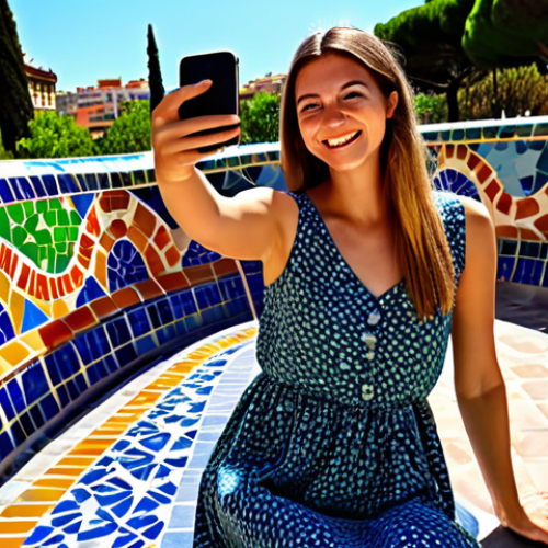 Home 20 **
A vibrant scene in Barcelona's Park Güell. A stylish woman in a flowing, patterned dress (think Desigual style) and comfortable sandals smiles as she takes a selfie with Gaudí's mosaic benches in the background. The sun is shining, casting a warm glow on the colorful tiles. Capture the energy and unique architecture of the park, emphasizing the Catalan spirit. Safe for work, appropriate content, fully clothed, professional, family-friendly.
**