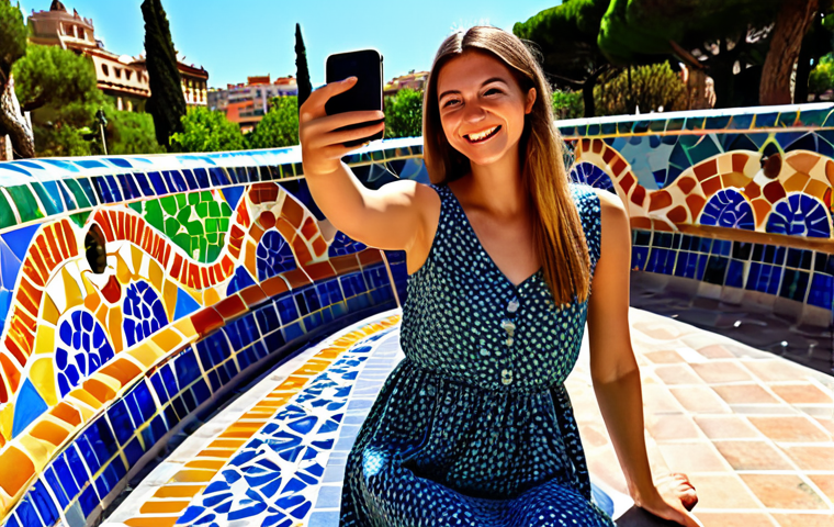 **

A vibrant scene in Barcelona's Park Güell. A stylish woman in a flowing, patterned dress (think Desigual style) and comfortable sandals smiles as she takes a selfie with Gaudí's mosaic benches in the background. The sun is shining, casting a warm glow on the colorful tiles. Capture the energy and unique architecture of the park, emphasizing the Catalan spirit. Safe for work, appropriate content, fully clothed, professional, family-friendly.

**