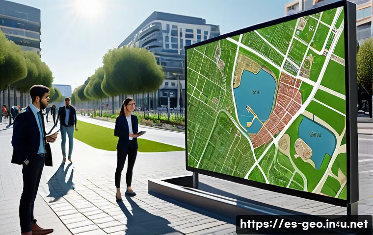 지리학 석사 과정 - A detailed urban planning scene in a modern Spanish city, showing geographers and urban planners ana...