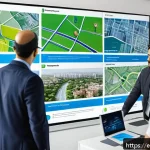 Home 21 GIS 지리정보시스템 - A vibrant Latin American urban planning office scene showing a diverse group of professionals analyz...
