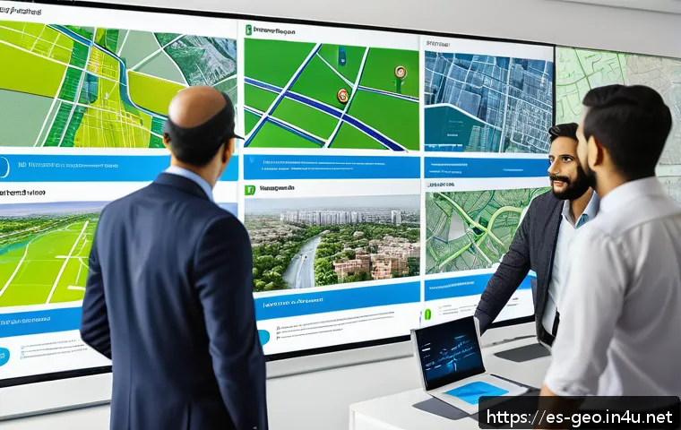 GIS  지리정보시스템 - A vibrant Latin American urban planning office scene showing a diverse group of professionals analyz...