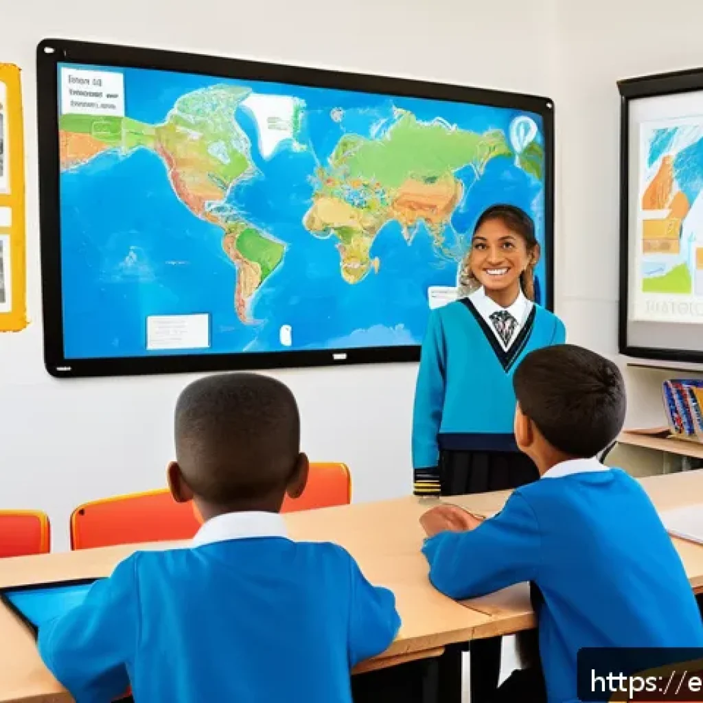 지리학적 소프트웨어 혁신 - A vibrant, detailed classroom scene in a Latin American school where students are engaging with inte...