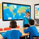 Home 23 지리학적 소프트웨어 혁신 - A vibrant, detailed classroom scene in a Latin American school where students are engaging with inte...