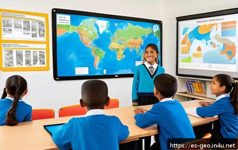 지리학적 소프트웨어 혁신 - A vibrant, detailed classroom scene in a Latin American school where students are engaging with inte...