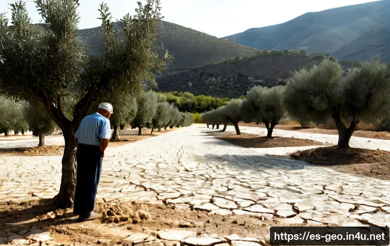 기후 변화에 따른 지역별 영향 - Photorealistic wide-angle view of drought impact in southern Spain, an elderly olive farmer standing...