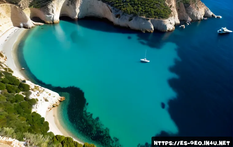 Home 11 해양 지리학 - Photorealistic aerial view of the Mediterranean coastline near Spain, clear turquoise shallows trans...